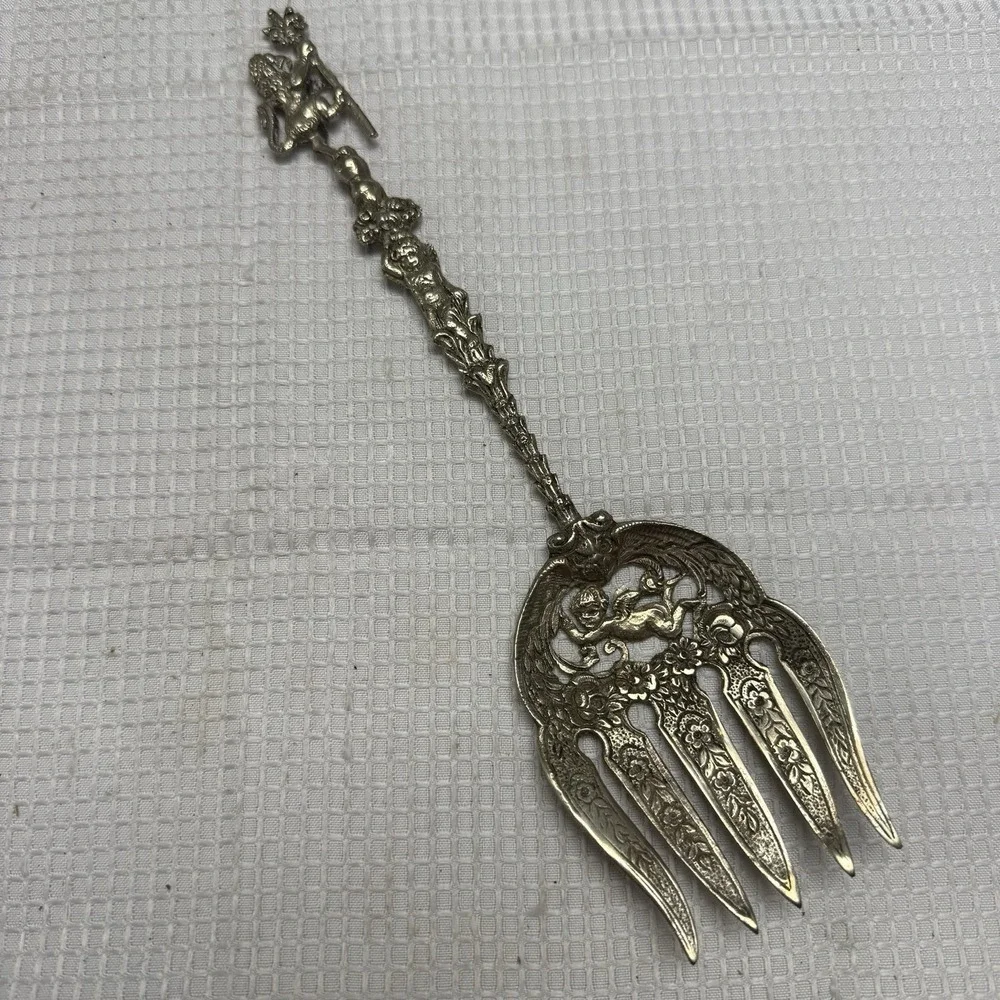 Rare Vintage Italian Large Silver Plated Intricate Designed Serving Fork Cherub